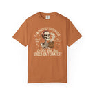 Rust-colored t-shirt with a distressed graphic of a skeleton holding a coffee mug.