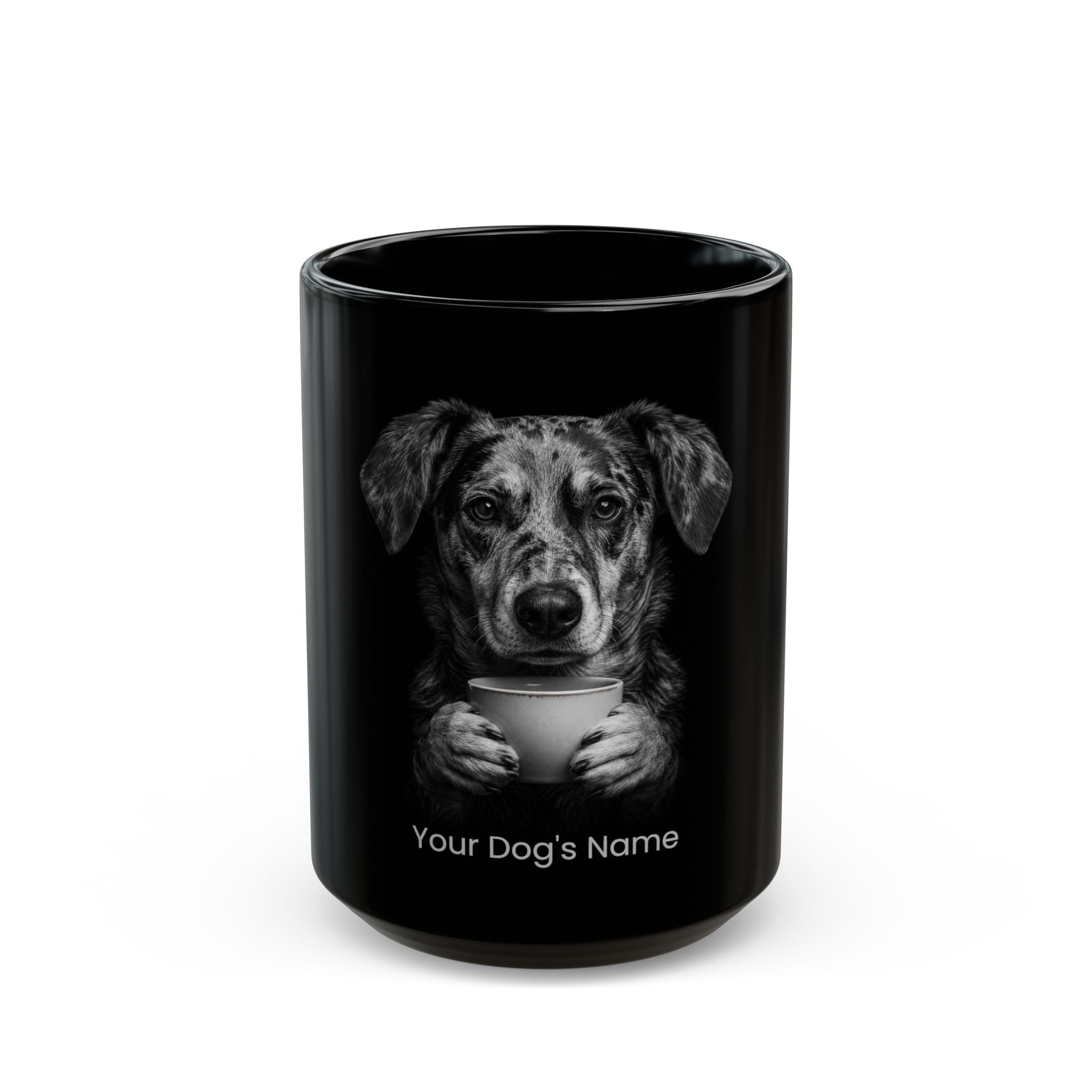 Personalized Catahoula Heeler black ceramic coffee mug with custom dog name