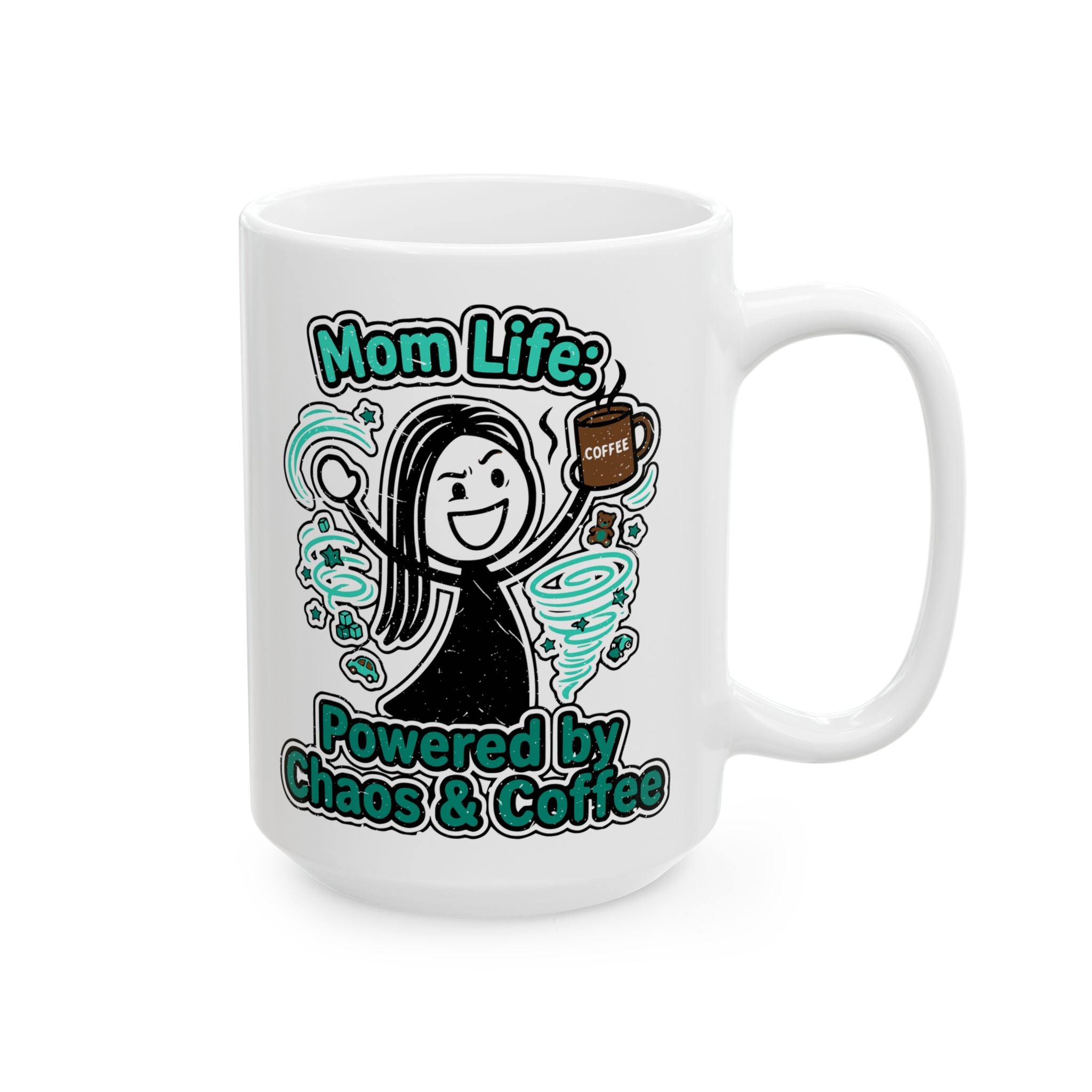 A white ceramic mug featuring a cartoon illustration of a mom surrounded by chaos and coffee.