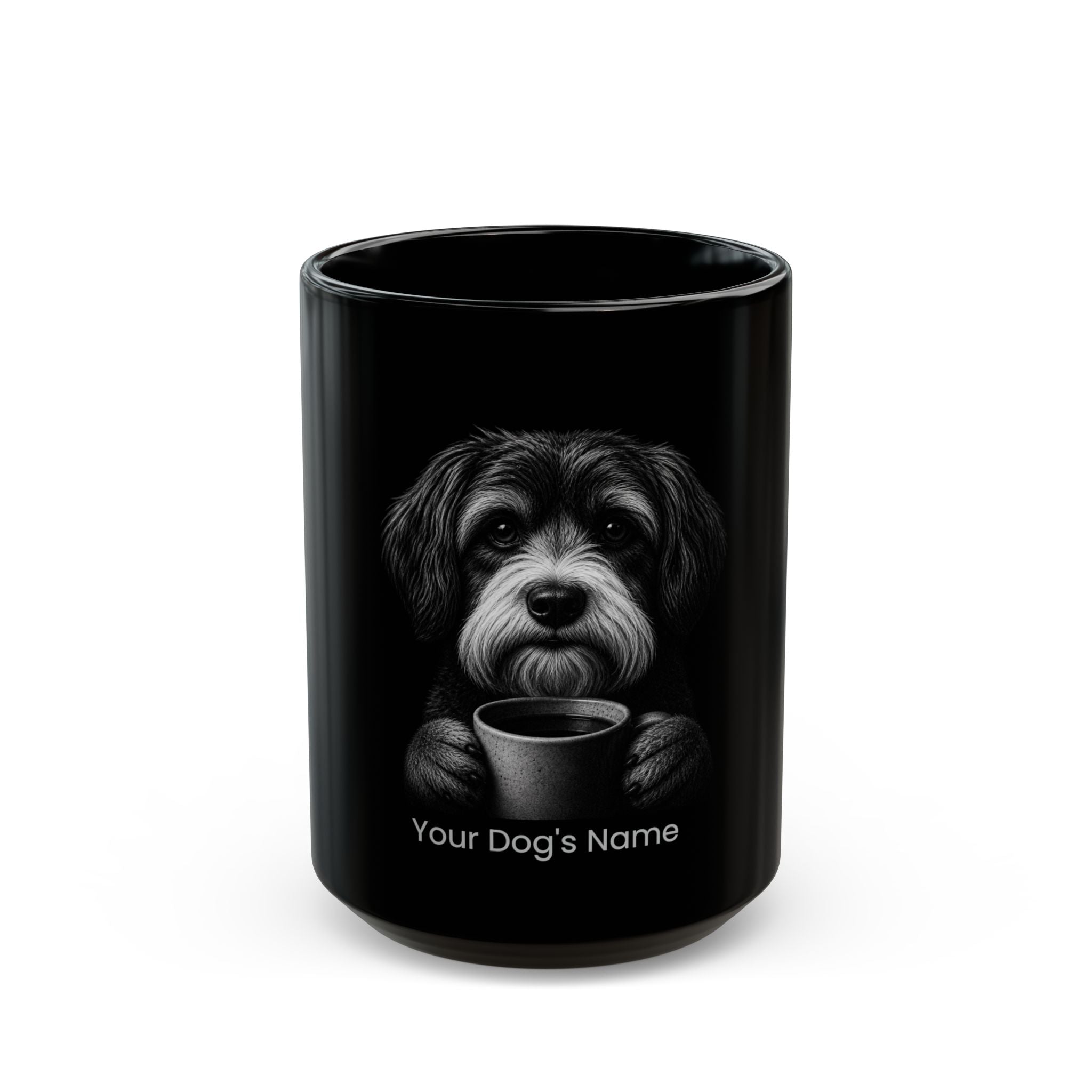 Personalized Lowchen black ceramic coffee mug with custom dog name
