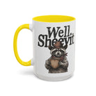 White ceramic mug with a yellow handle and rim, featuring a raccoon in a cowboy hat holding a mug.