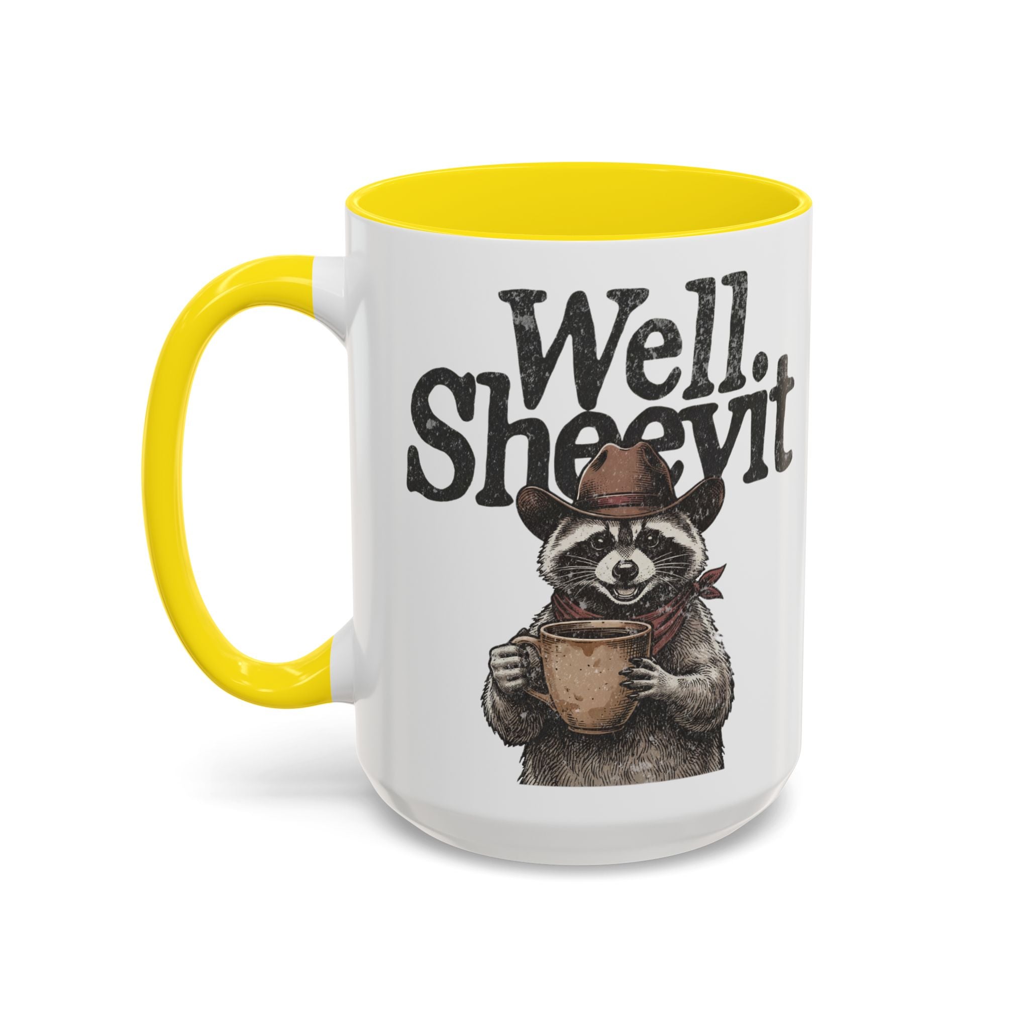 White ceramic mug with a yellow handle and rim, featuring a raccoon in a cowboy hat holding a mug.