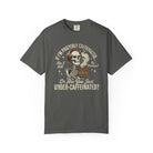 Dark grey t-shirt featuring a skeleton graphic with a red bandana holding a steaming coffee mug.