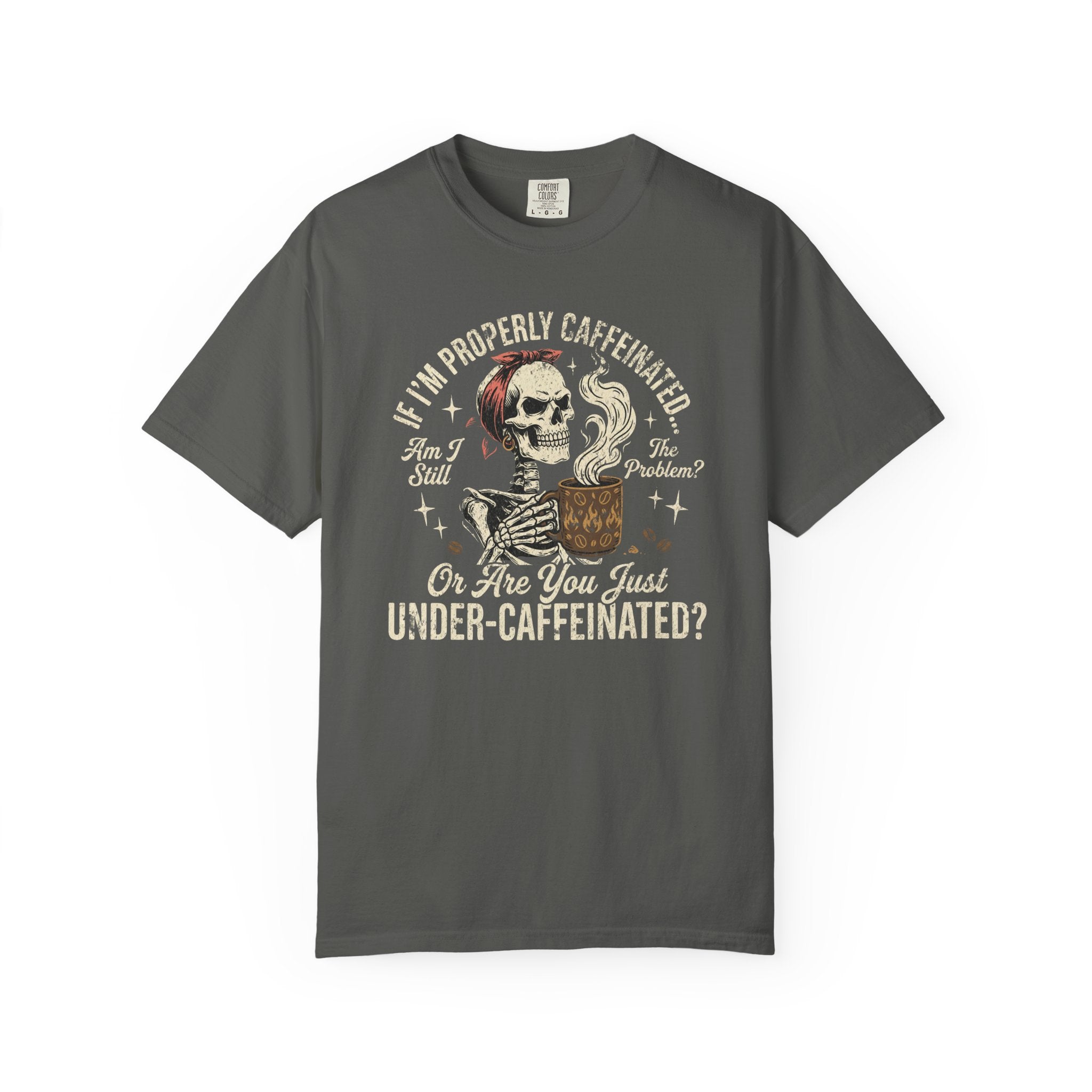 Dark grey t-shirt featuring a skeleton graphic with a red bandana holding a steaming coffee mug.