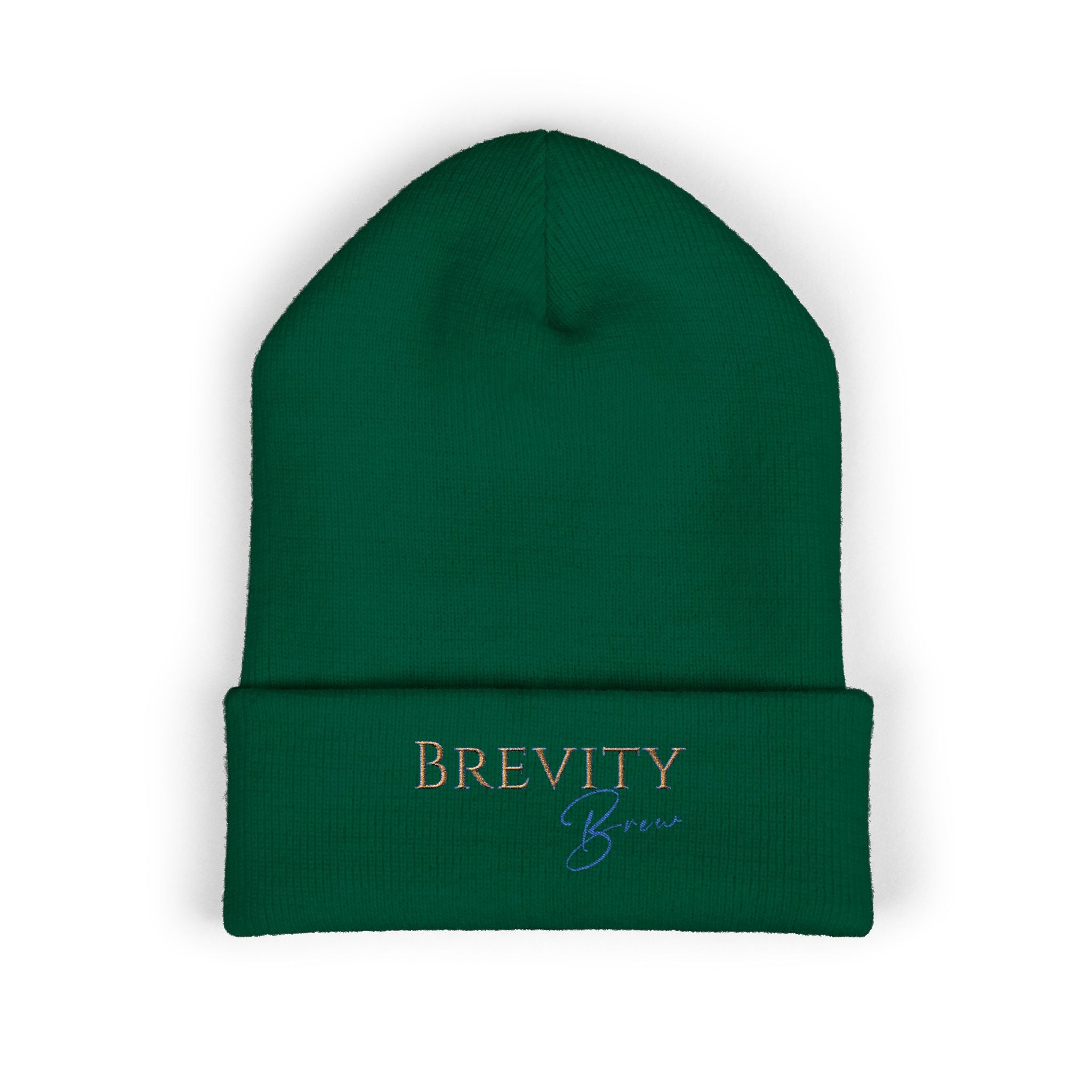 A green cuffed beanie with "Brevity Brew" embroidered on the front.