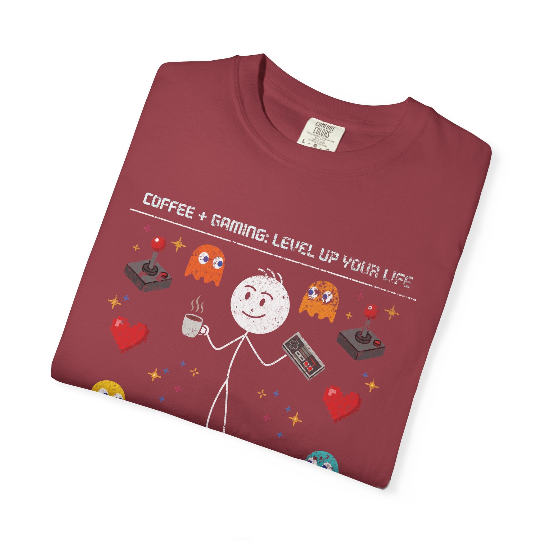 A maroon unisex cotton t-shirt featuring a distressed graphic of a stick figure with coffee and game
