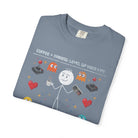 Blue unisex cotton t-shirt featuring a stick figure with coffee and a game controller.