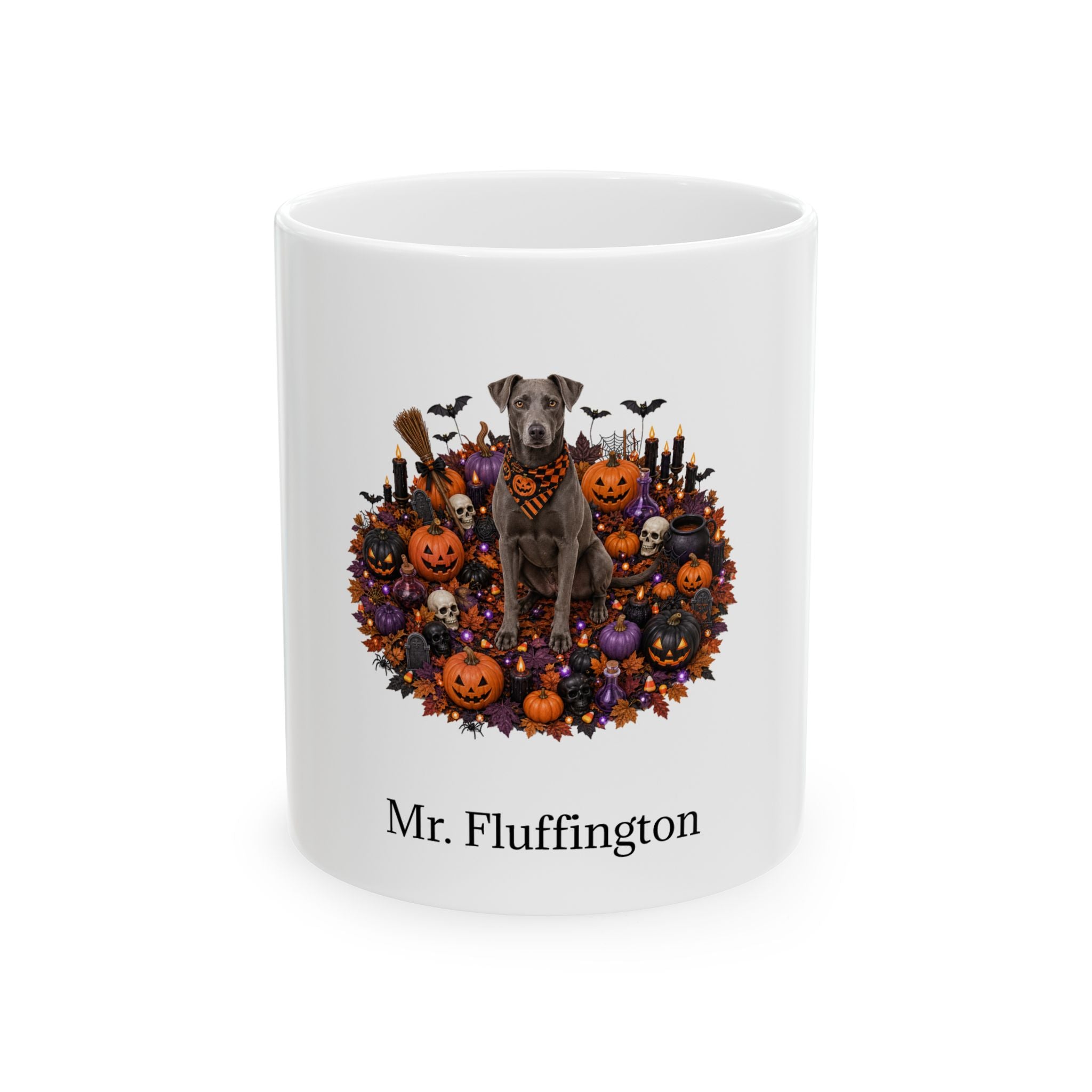 Personalized Blue Lacy dog Halloween mug, 15oz white ceramic, with custom pet name on front