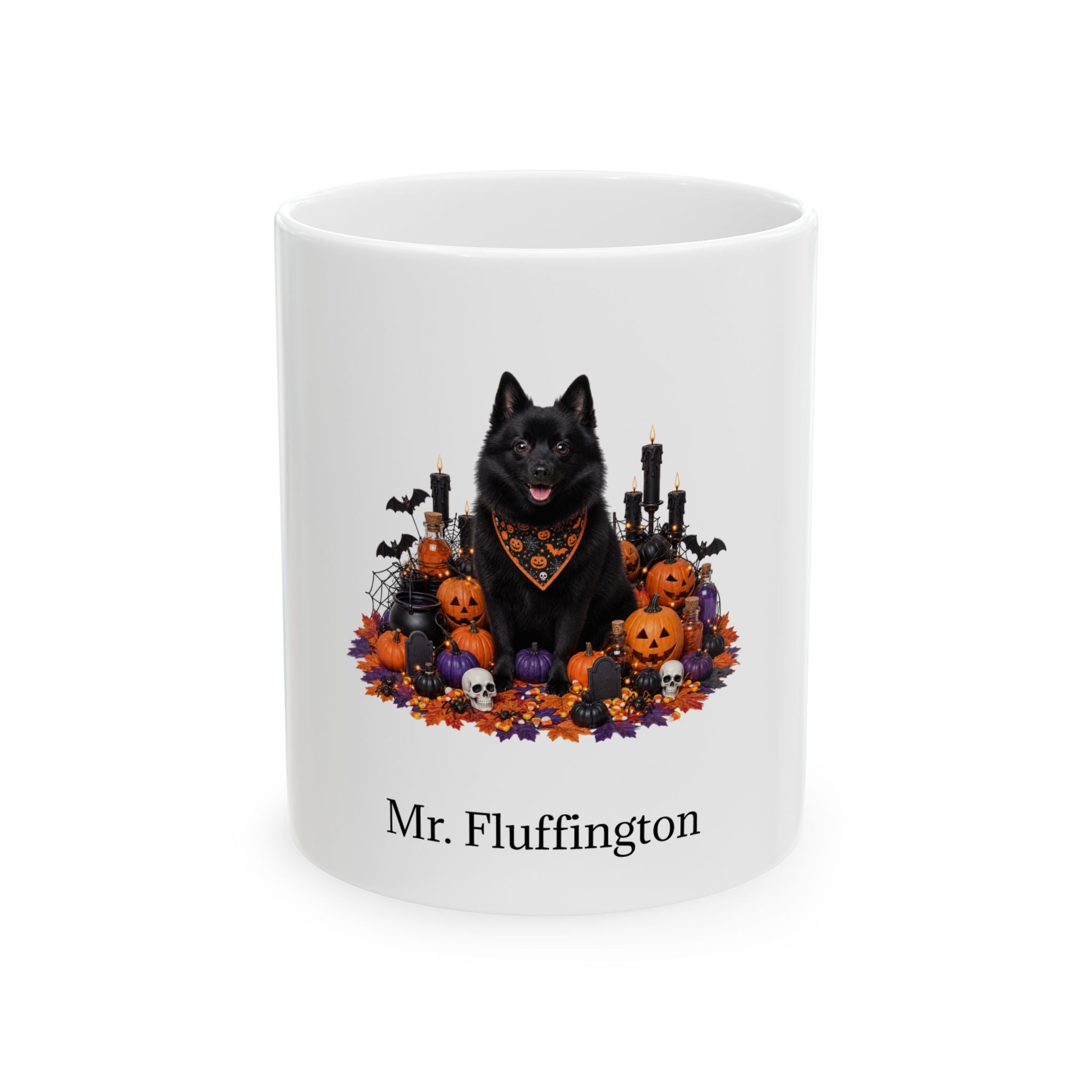 Personalized Schipperke dog Halloween mug, 11oz white ceramic, with custom pet name on front