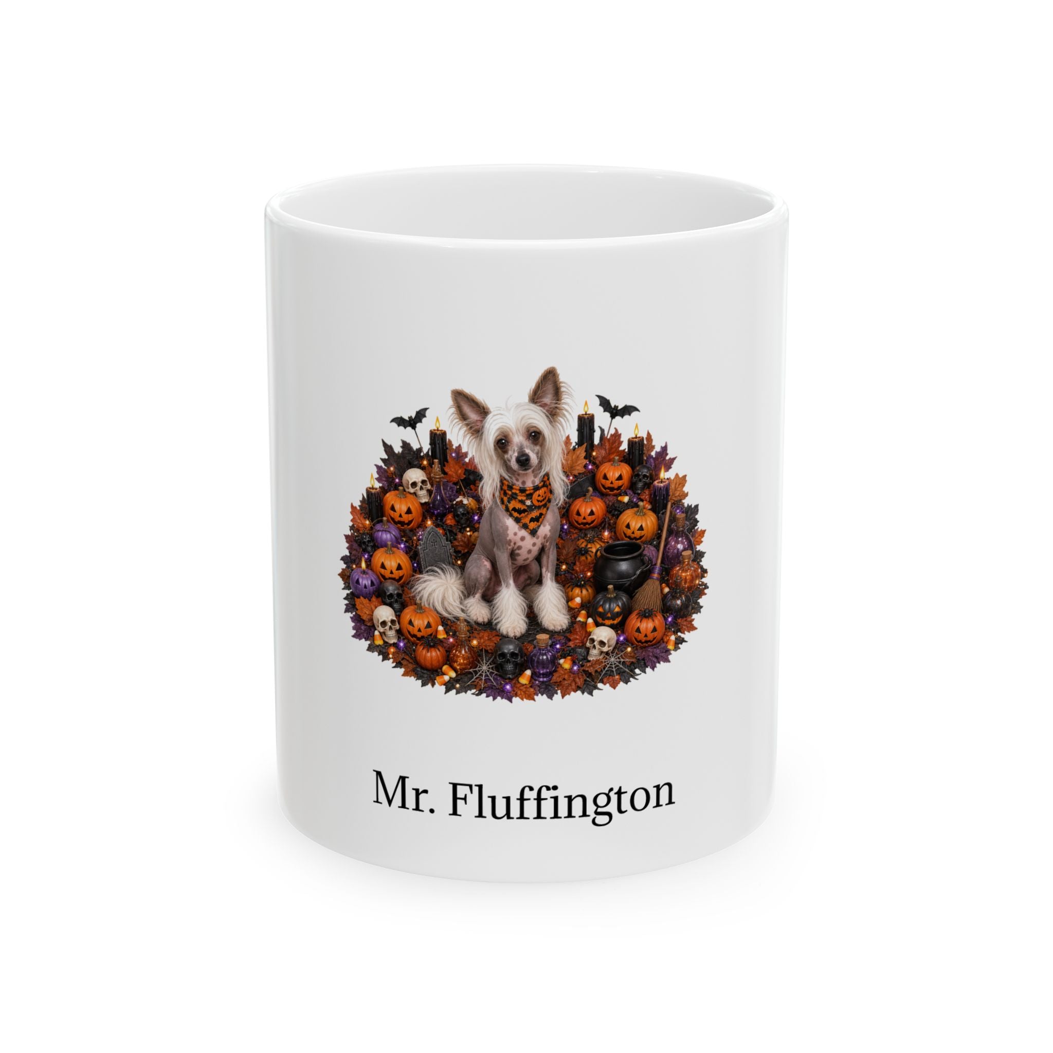 Personalized Chinese Crested dog Halloween mug, 15oz white ceramic, with custom pet name on front