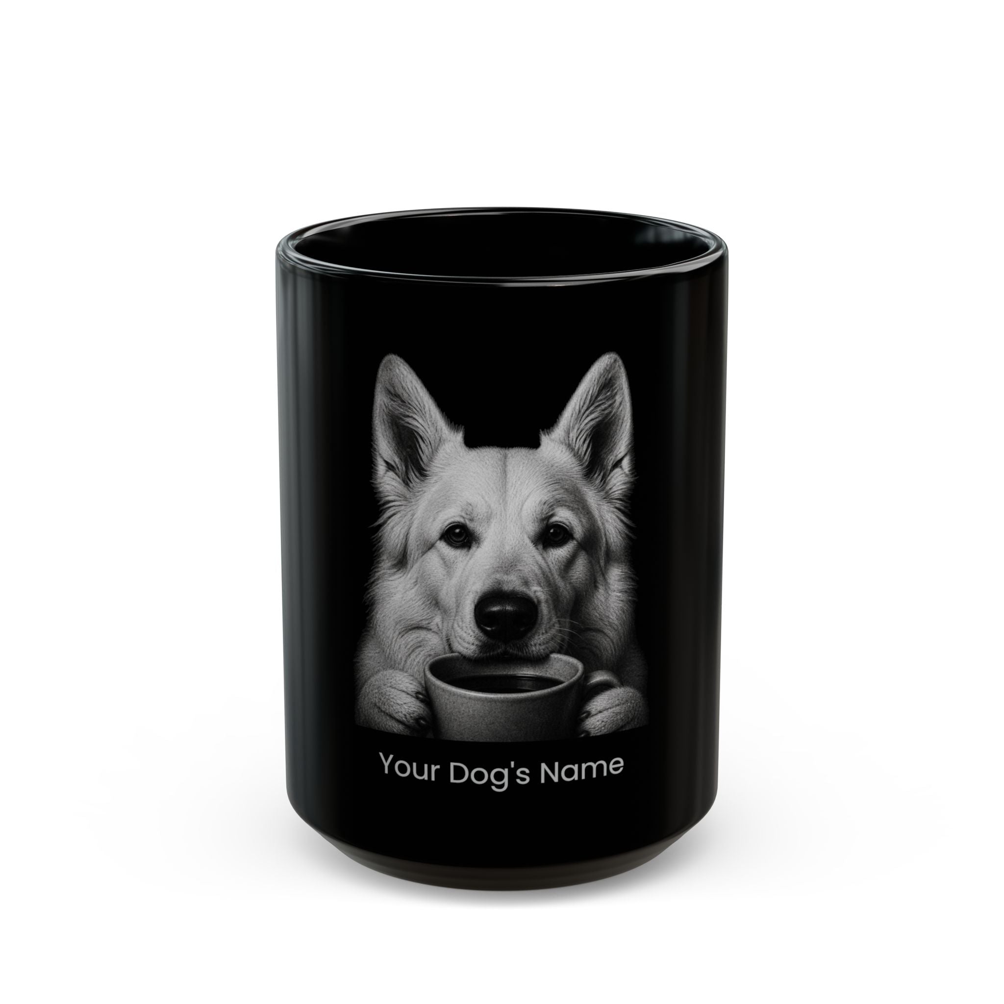Personalized White Shepherd black ceramic coffee mug with custom dog name