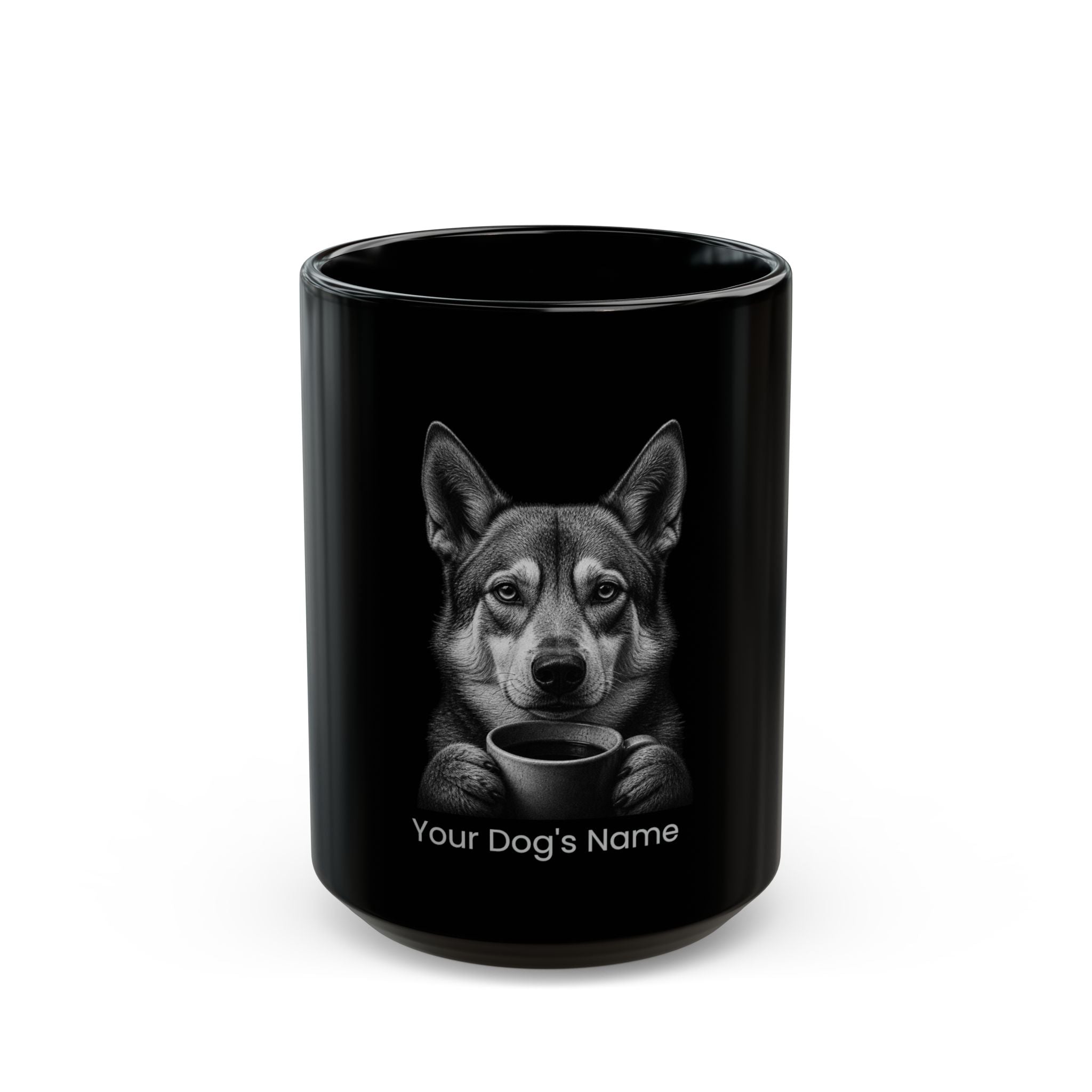 Personalized Czechoslovakian Wolfdog black ceramic coffee mug with custom dog name