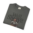 Folded charcoal grey t-shirt with a graphic of a raccoon in a cowboy hat holding a coffee mug.