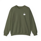 An olive green crewneck sweatshirt featuring a small white steaming coffee cup icon on the chest.