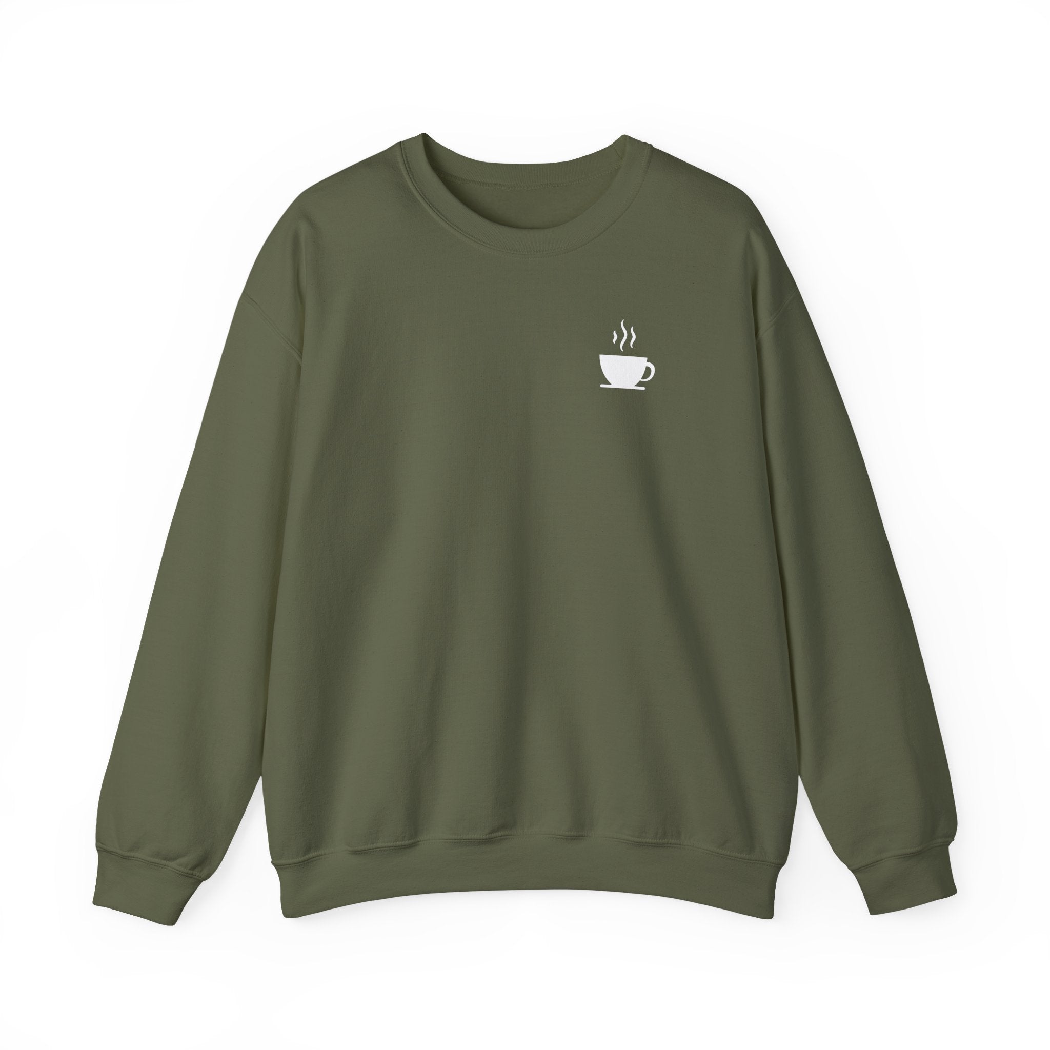 An olive green crewneck sweatshirt featuring a small white steaming coffee cup icon on the chest.