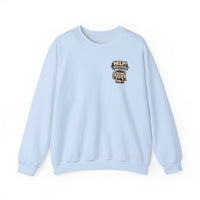 A light blue crewneck sweatshirt featuring a graphic of a stressed coffee cup on the chest.