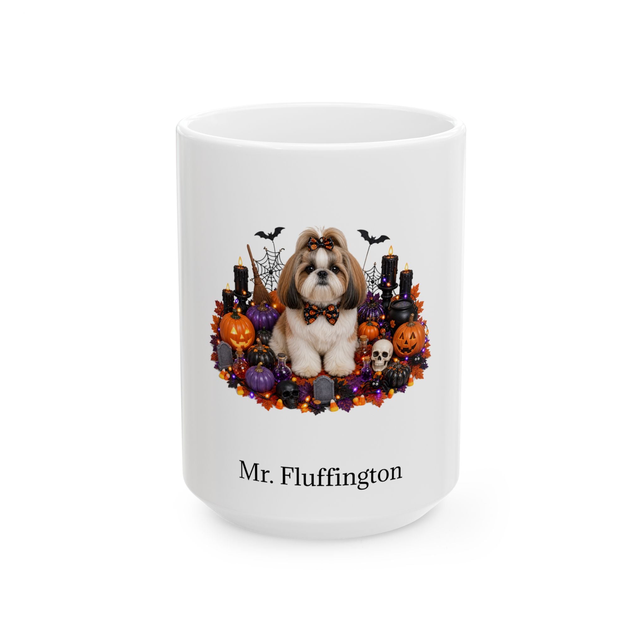 Personalized Shih Tzu dog Halloween mug, 15oz white ceramic, with custom pet name on front