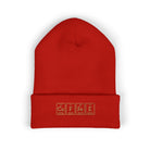 Red cuffed beanie with "COFFEE" spelled out using periodic table elements.