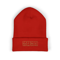Red cuffed beanie with "COFFEE" spelled out using periodic table elements.