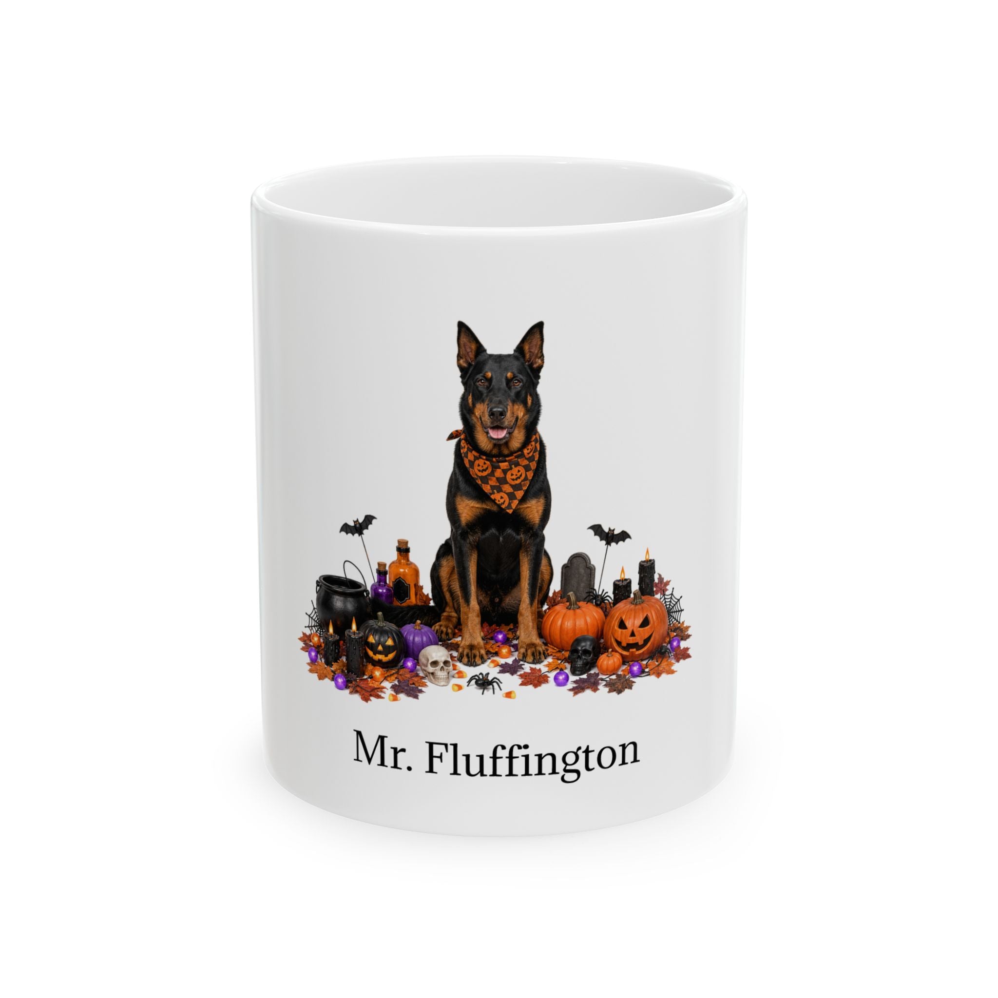 Personalized Beauceron dog ceramic coffee mug with Halloween artwork and custom name — image 2