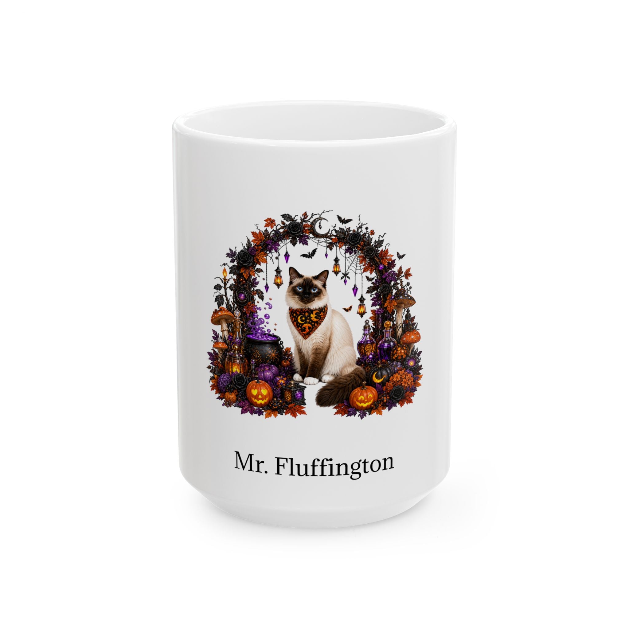 Personalized Birman cat Halloween mug, 15oz white ceramic, with custom pet name on front