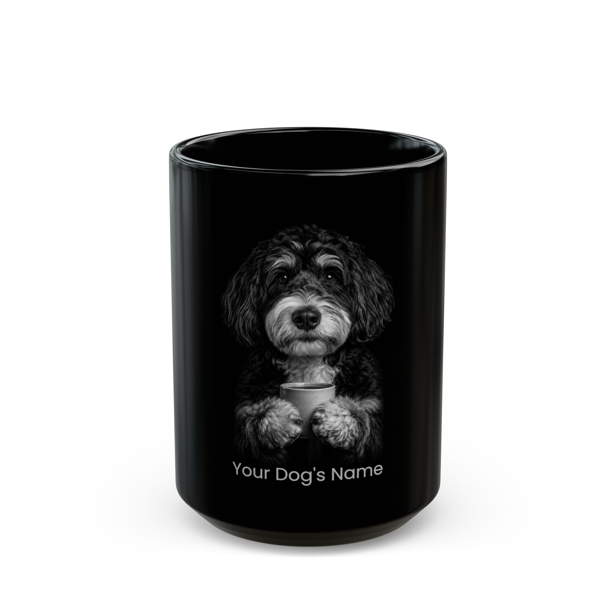 Personalized Berne Doodle black ceramic coffee mug with custom dog name