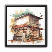 Cozy Street Cafe Watercolor Art – 14x14 Framed Matte Canvas Print