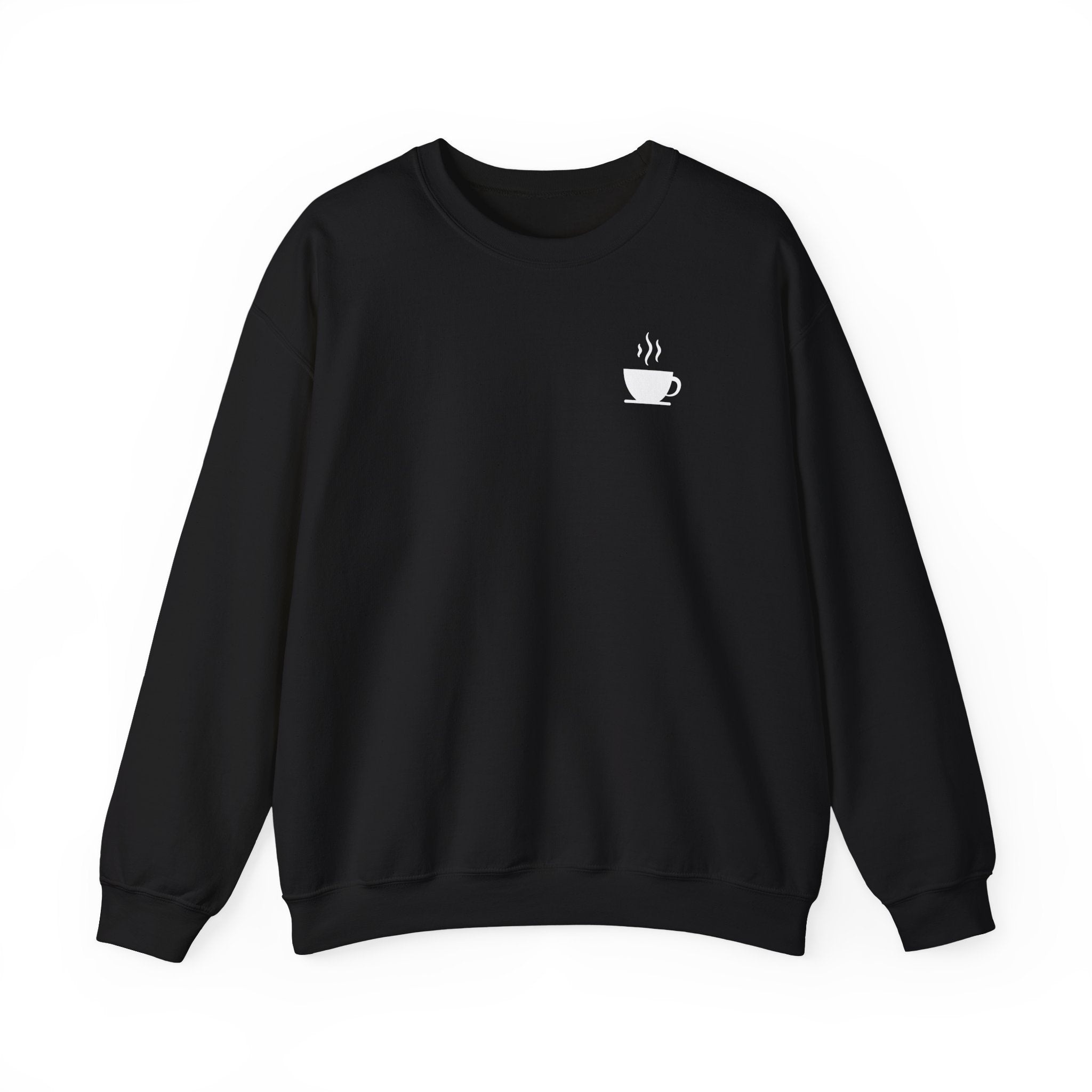 A black crewneck sweatshirt featuring a small white steaming coffee cup icon on the left chest.