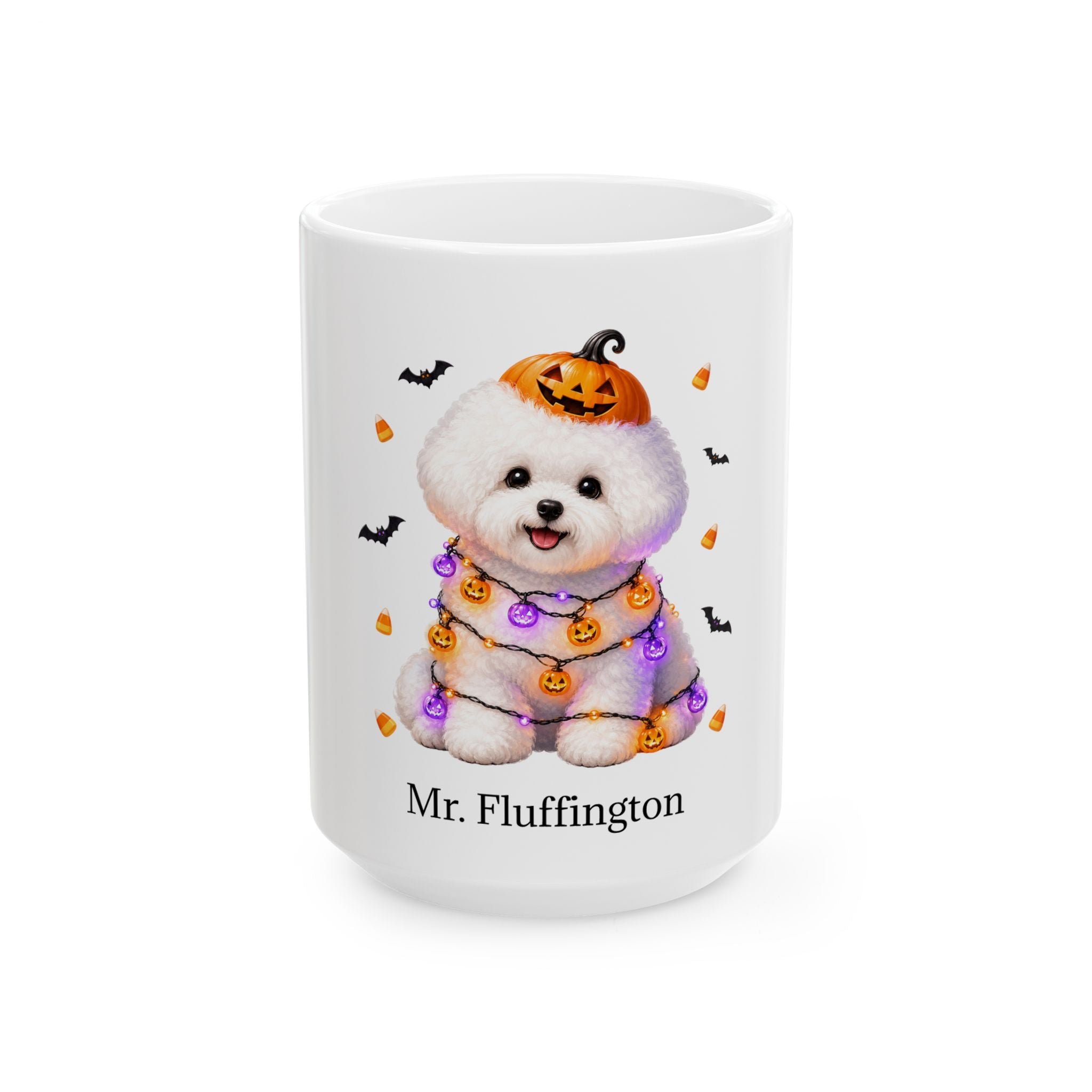 Personalized Bichon Frise Hund dog ceramic coffee mug with Halloween artwork and custom name — image 2