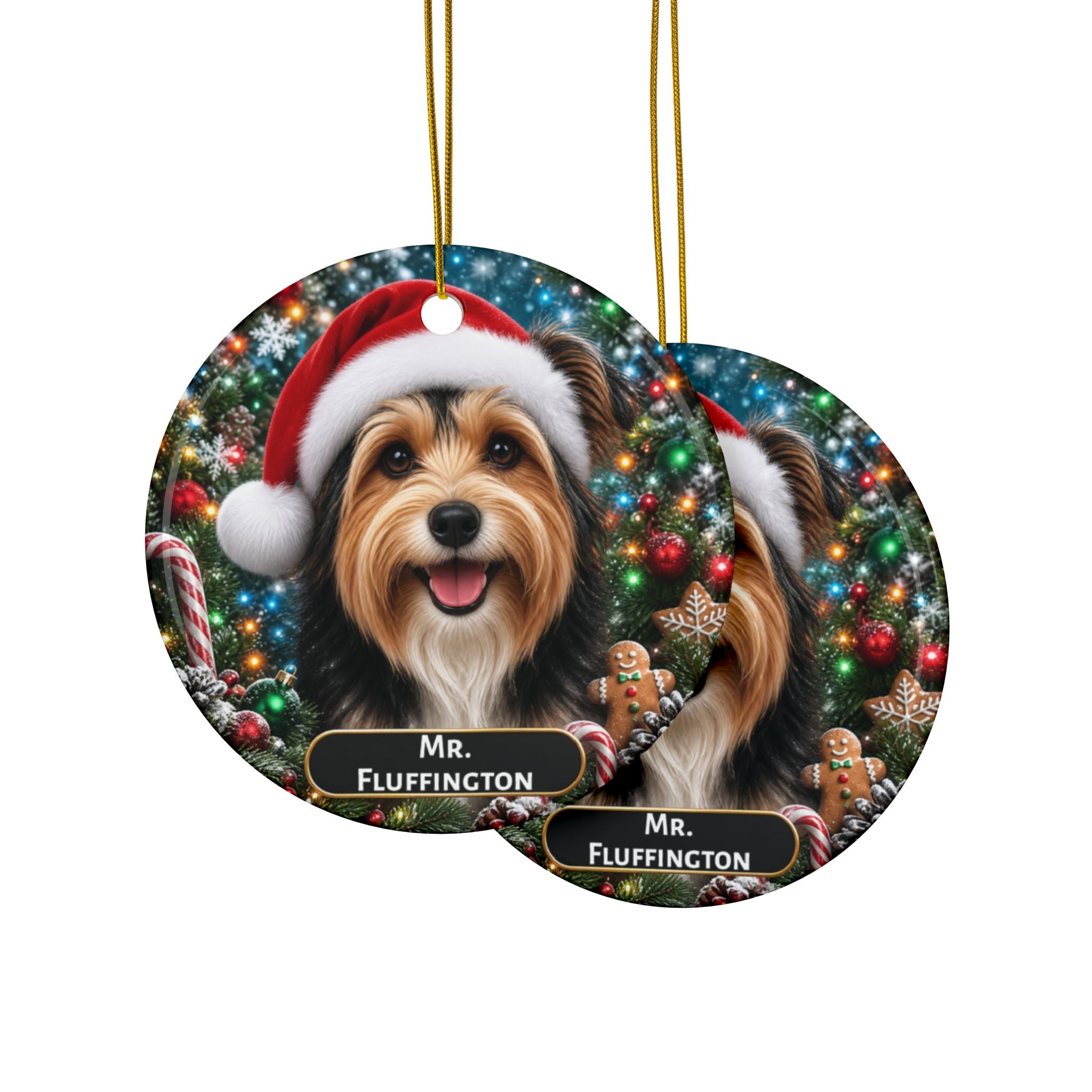 Christmas Dog Ceramic Ornament — Santa Hat Pet Portrait, Personalized Name Plaque