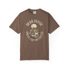 Brown t-shirt with a distressed graphic of a skeleton wearing sunglasses and drinking coffee.