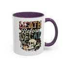 White ceramic coffee mug with a purple handle and a retro skull graphic reading Death Before Decaf.