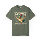 Olive green crewneck t-shirt featuring a cartoon rooster wearing sunglasses and a baseball cap.
