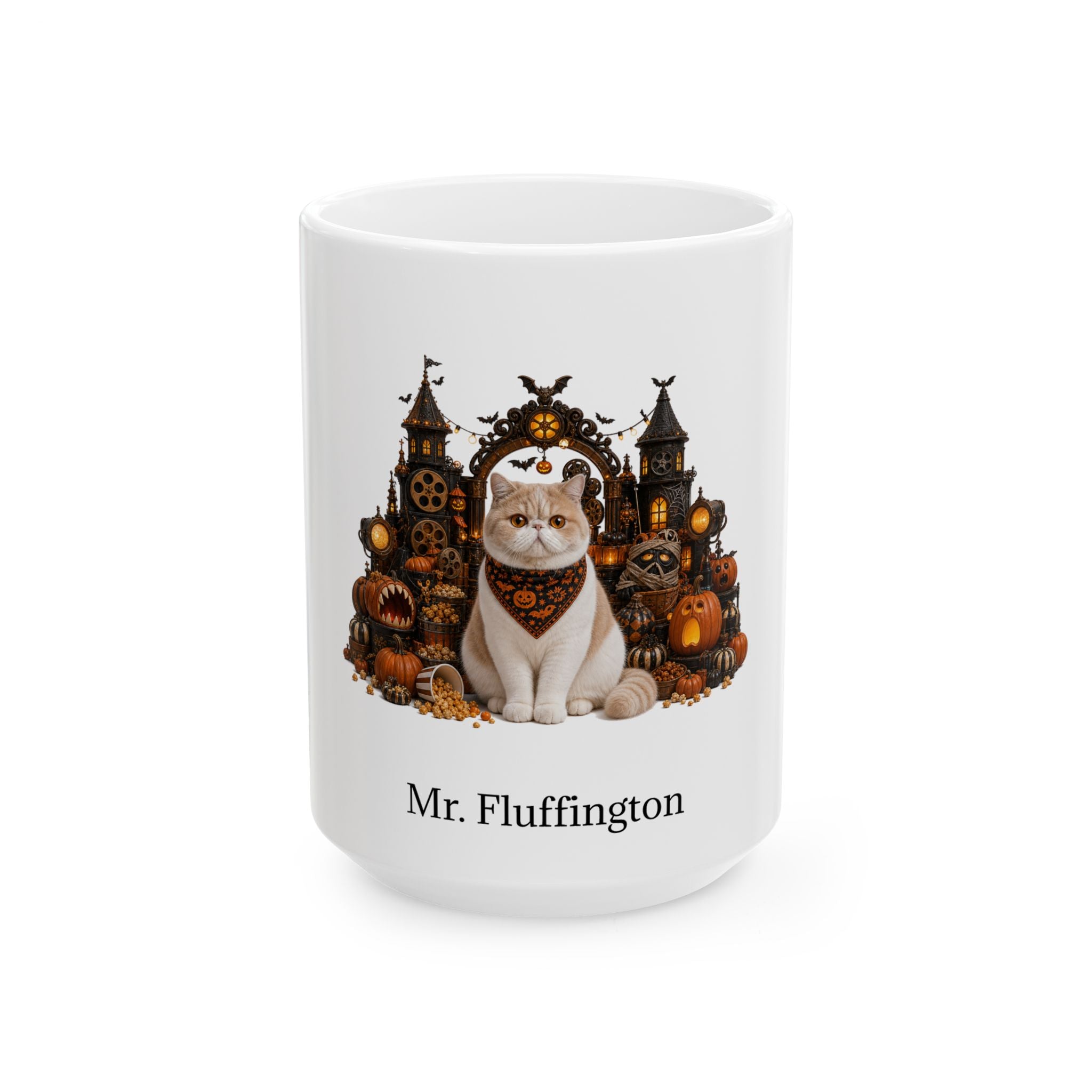 Personalized Exotic Shorthair cat Halloween mug, 15oz white ceramic, with custom pet name on front