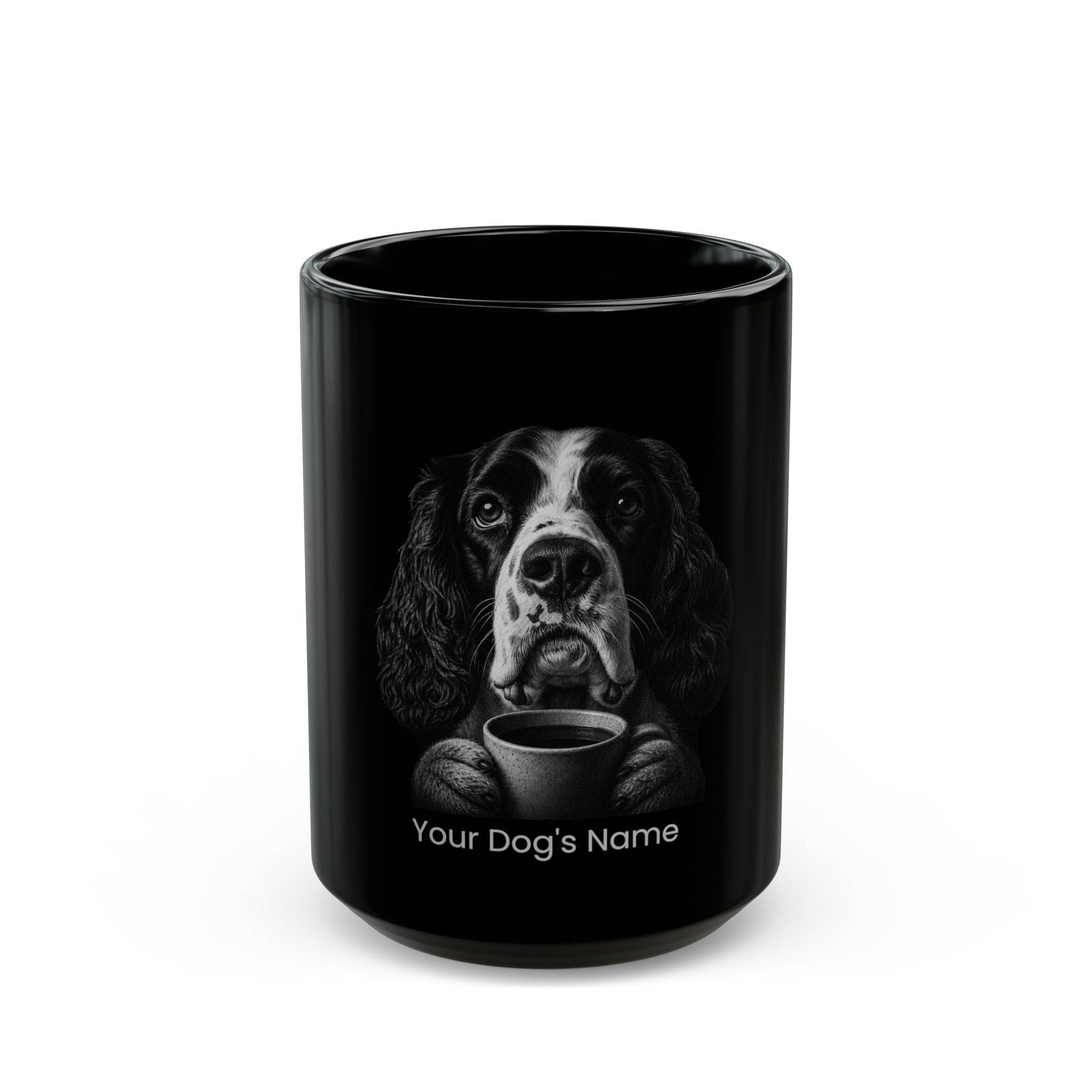 Personalized English Springer Spaniel black ceramic coffee mug with custom dog name