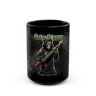 Black ceramic mug featuring a Grim Ripper sewing illustration and the text Grim Ripper.