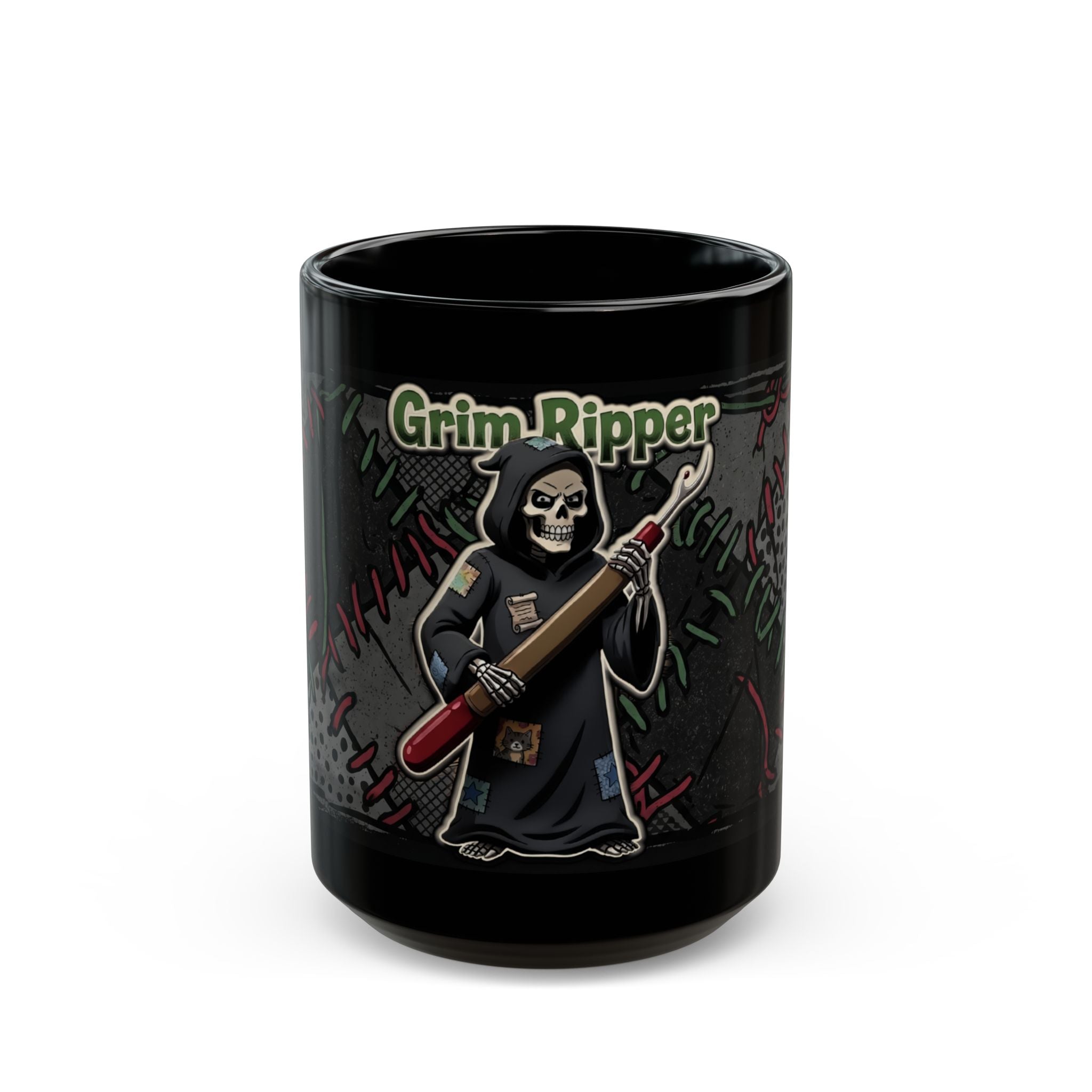 Black ceramic mug featuring a Grim Ripper sewing illustration and the text Grim Ripper.