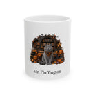 Personalized Chartreux cat Halloween mug, 11oz white ceramic, with custom pet name on front