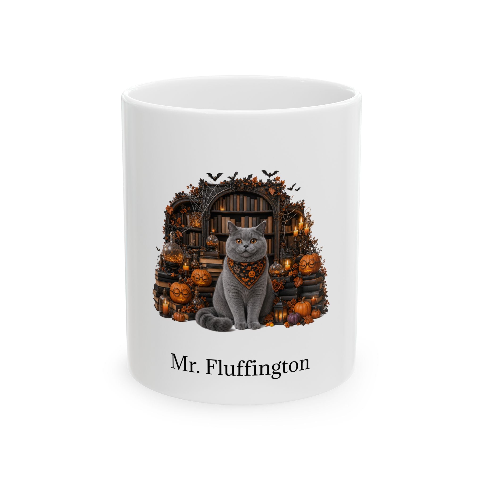 Personalized Chartreux cat Halloween mug, 11oz white ceramic, with custom pet name on front