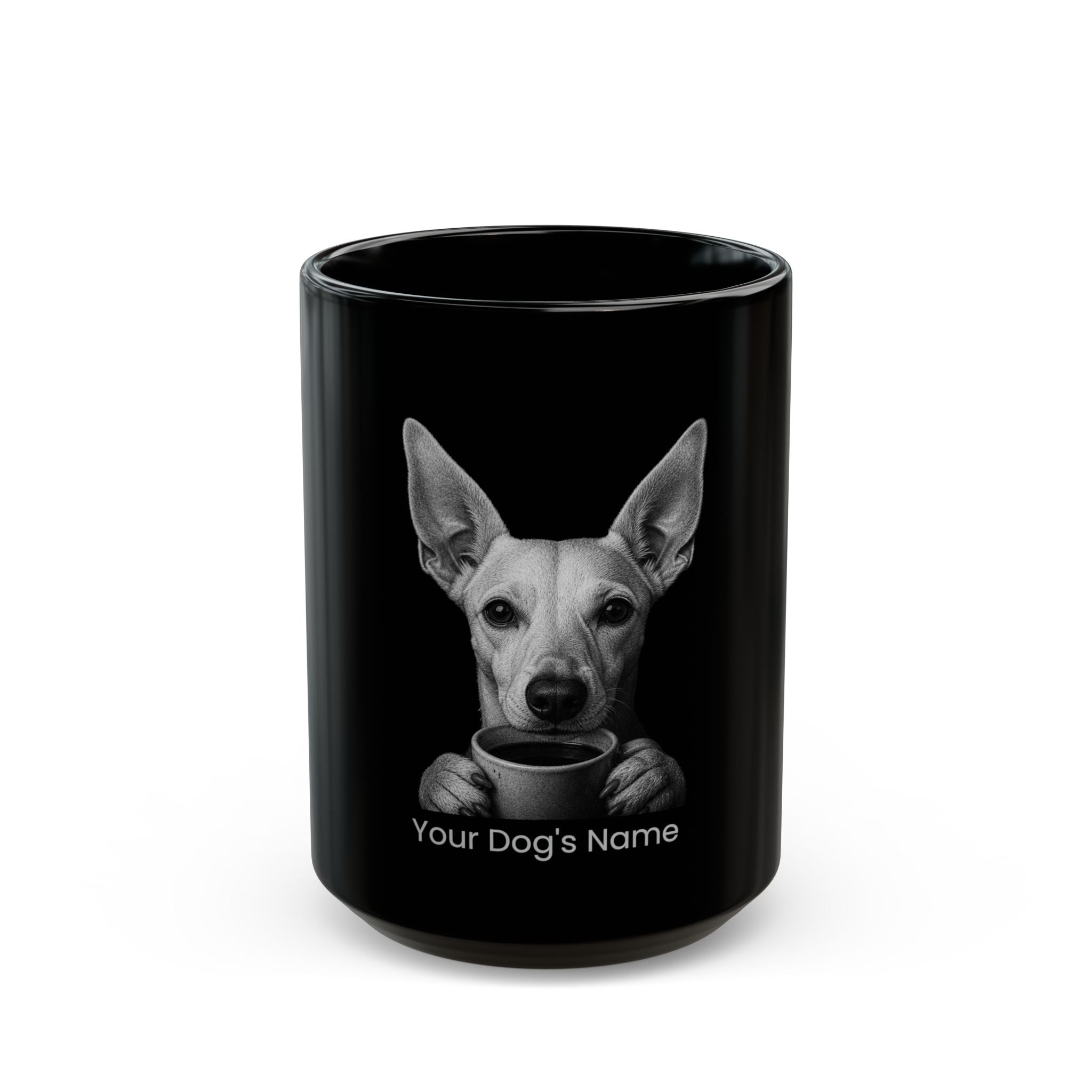 Personalized Ibizan Hound black ceramic coffee mug with custom dog name