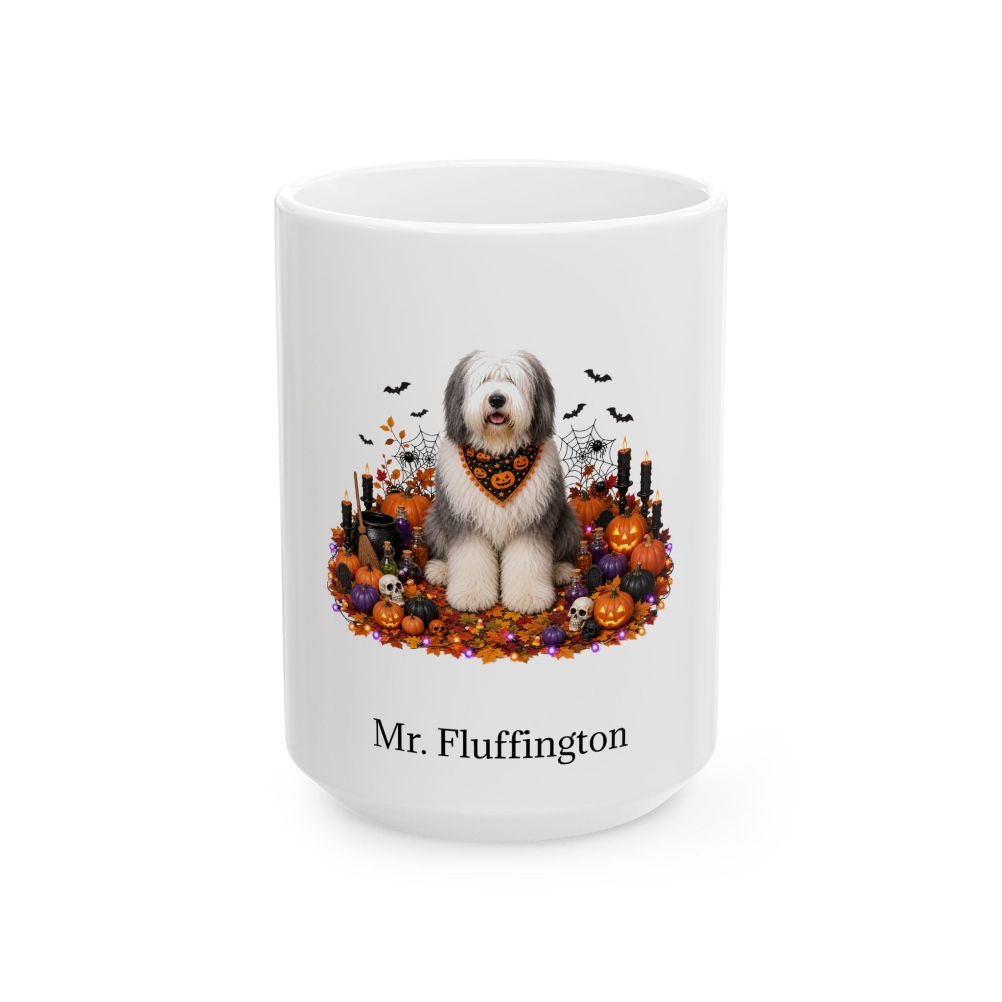 Personalized Old English Sheepdog Halloween mug, 11oz white ceramic, with custom pet name on front