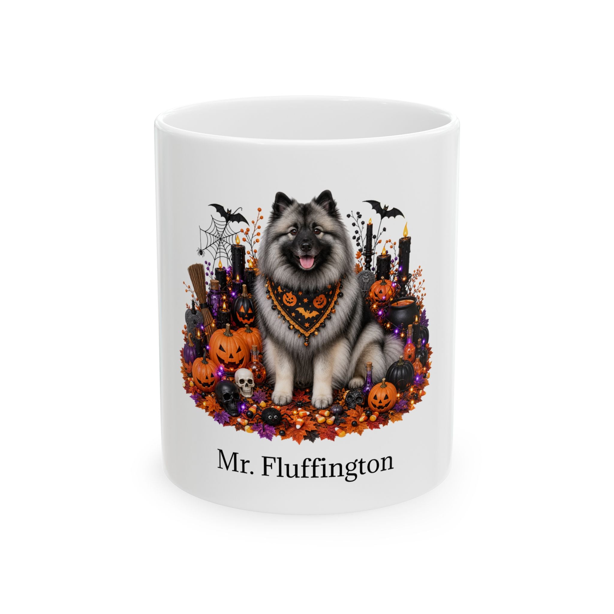Personalized Keeshond Halloween mug with custom dog name, front product view