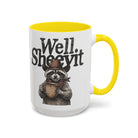 White ceramic mug with a yellow handle and rim, featuring a raccoon in a cowboy hat holding a mug.