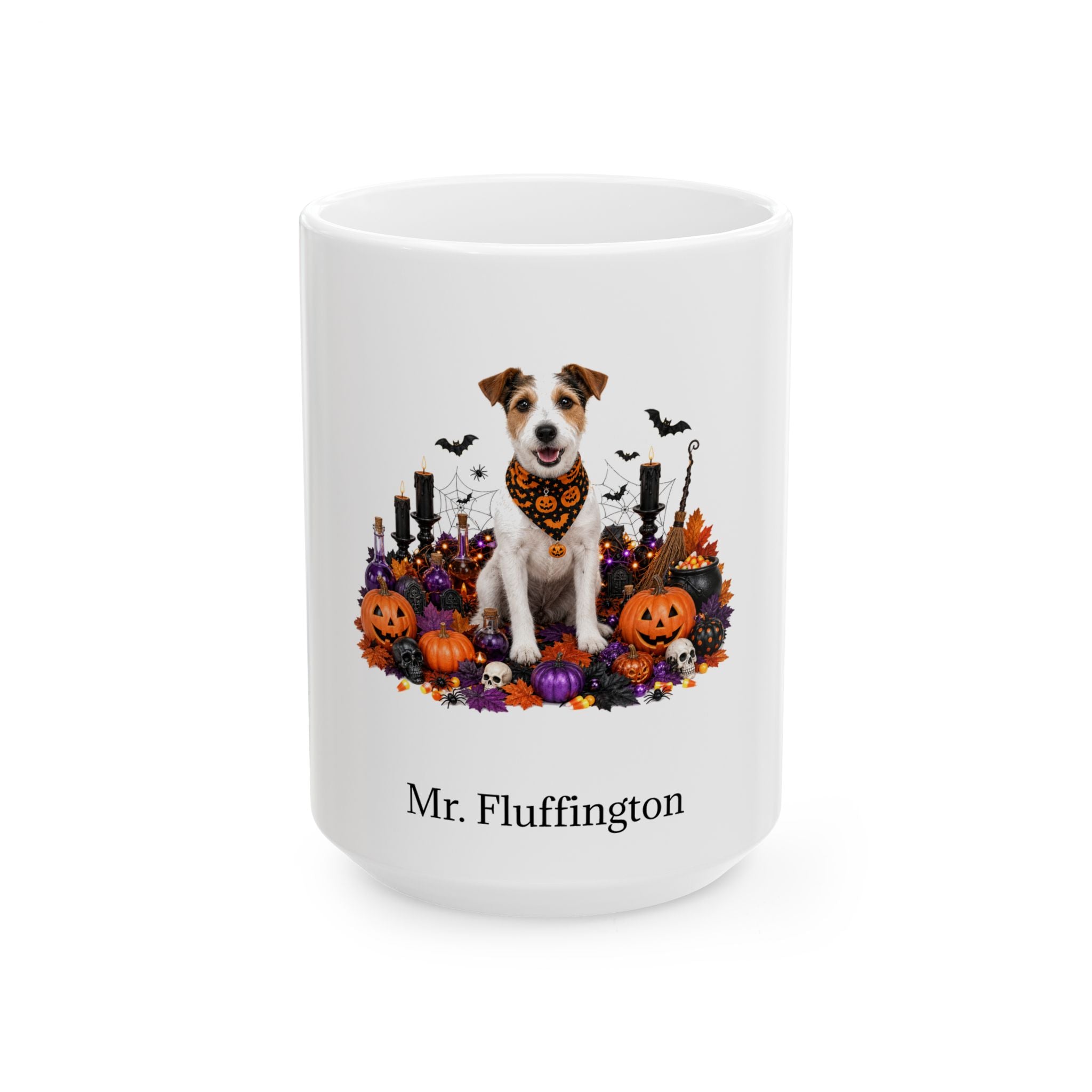 Personalized Parson Russell Terrier dog Halloween mug, 11oz white ceramic, with custom pet name on front