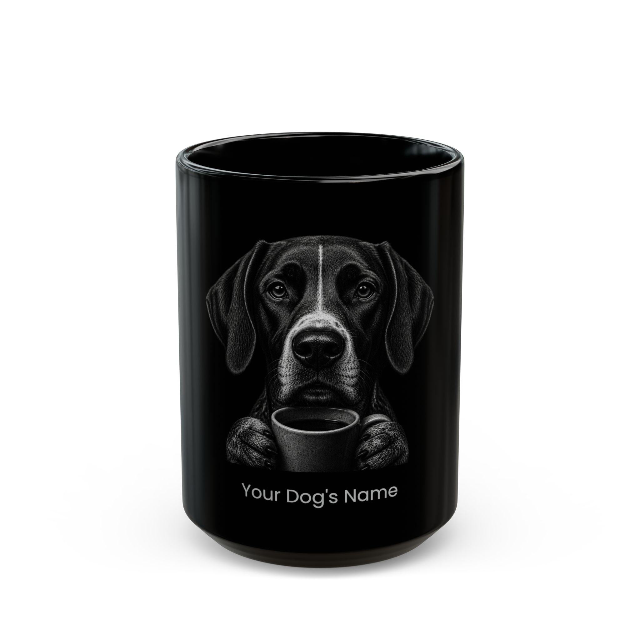 Personalized German Shorthaired Pointer black ceramic coffee mug with custom dog name