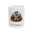 Personalized Miniature American Shepherd dog Halloween mug, 15oz white ceramic, with custom pet name on front