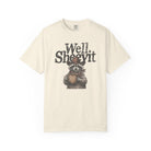 Cream-colored t-shirt featuring a distressed graphic of a raccoon wearing a cowboy hat and bandana.