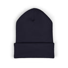 Dark navy blue cuffed beanie made of acrylic.
