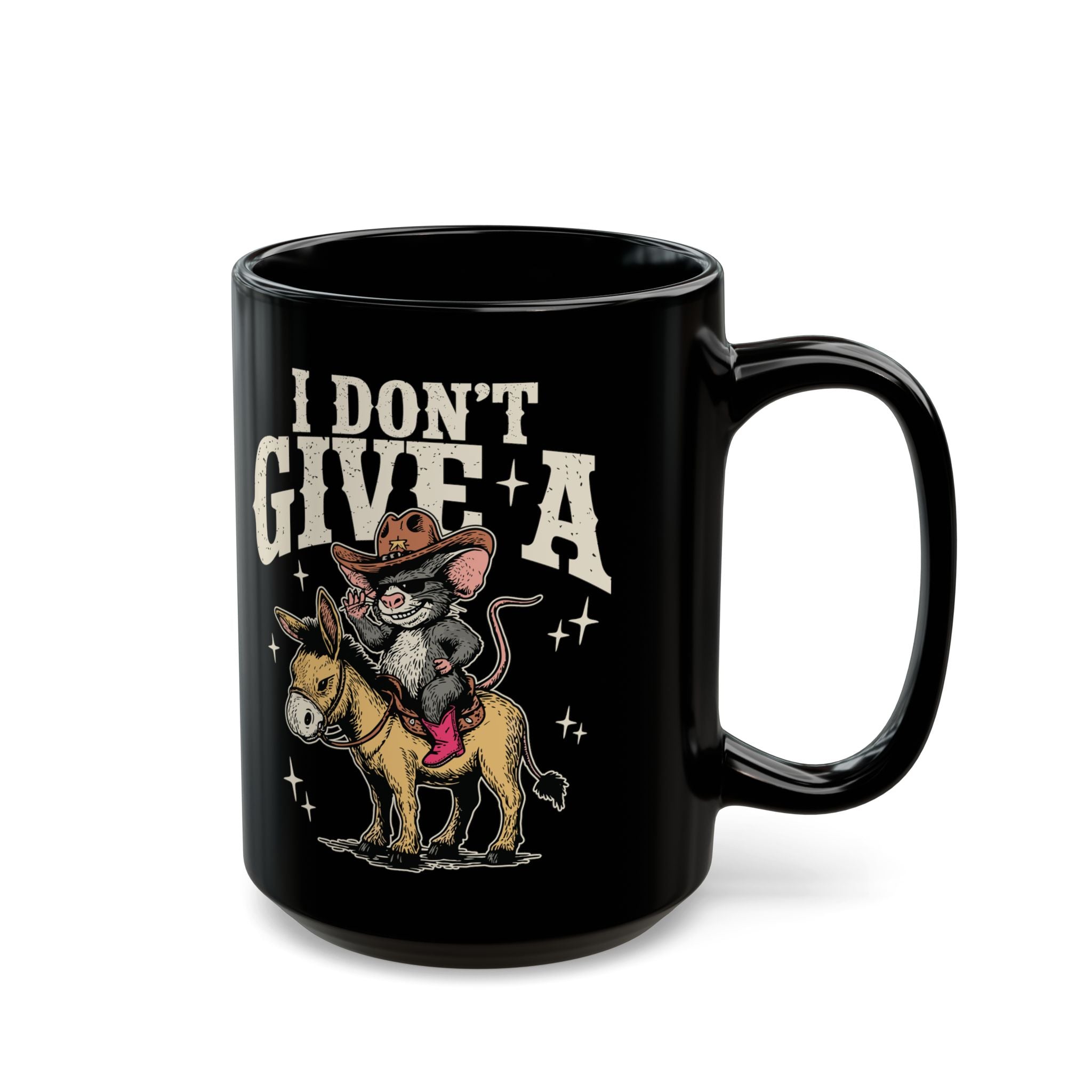 Black coffee mug featuring a graphic of a cowboy mouse riding a donkey with the text I Don't Give A