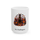 Personalized Doberman Pinscher dog Halloween mug, 11oz white ceramic, with custom pet name on front
